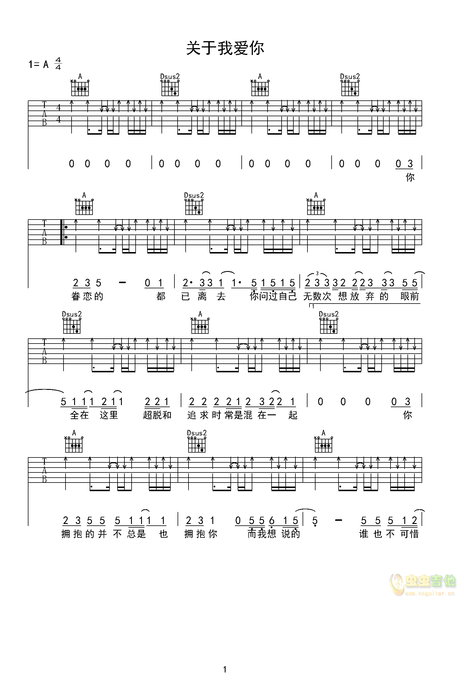 张悬 关于我爱你 吉他谱第1张