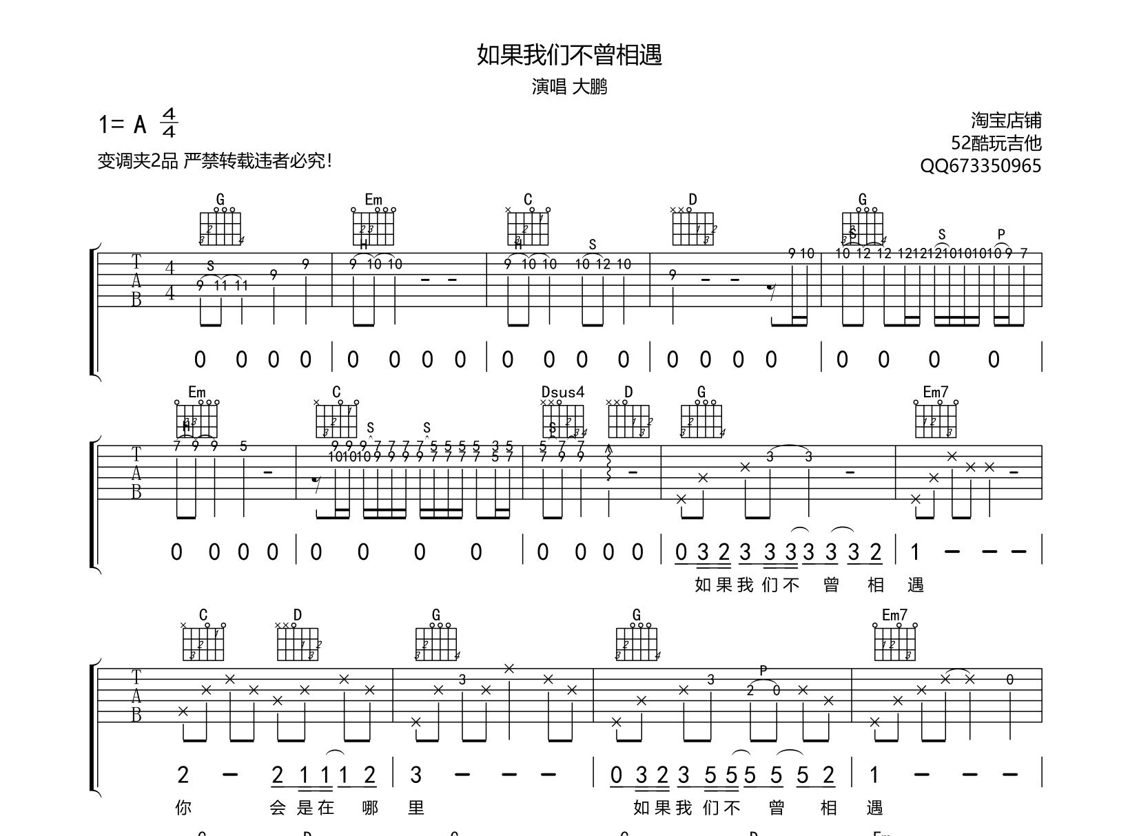 如果我们不曾相遇 大鹏 吉他谱第1张