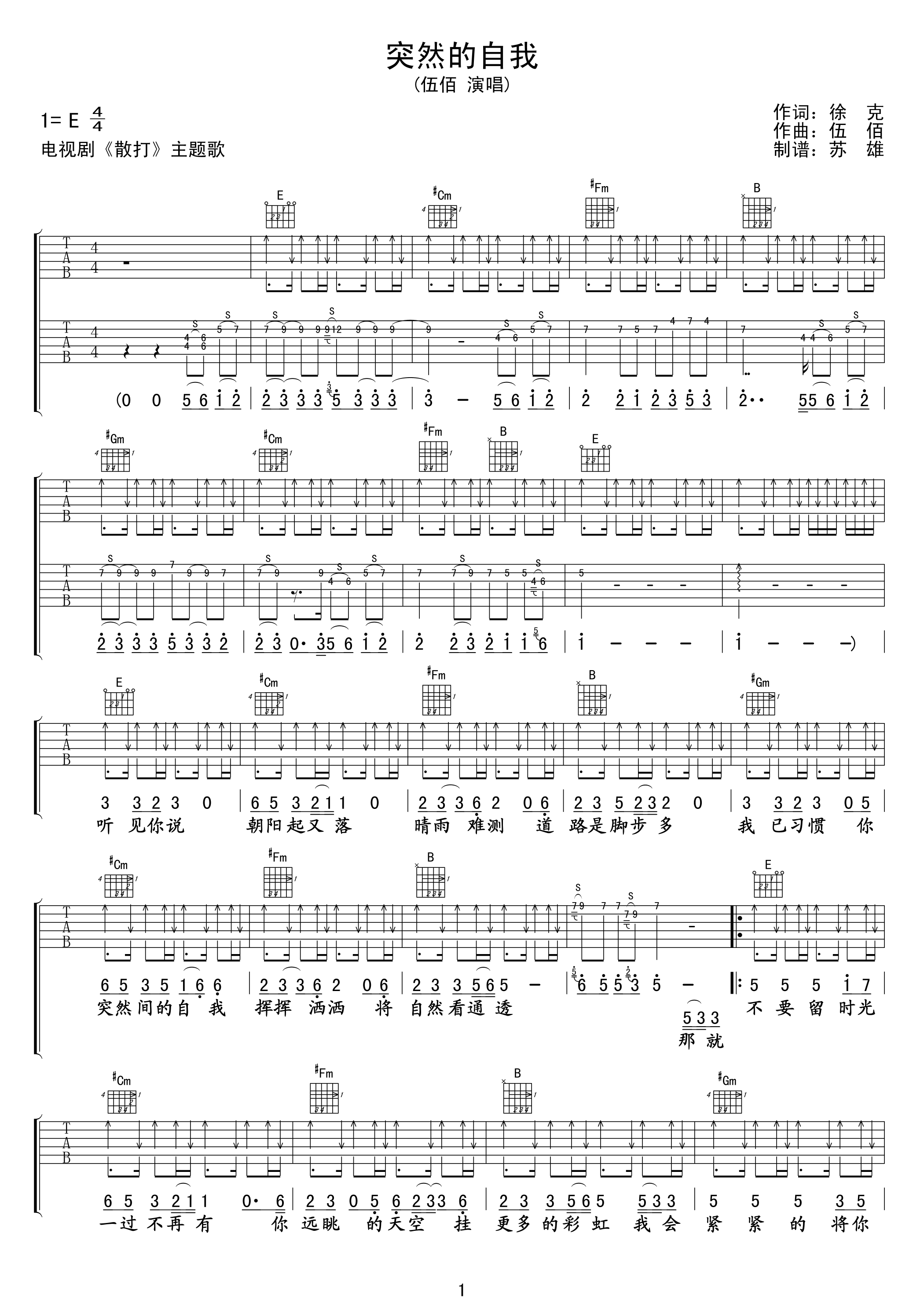 伍佰《突然的自我》吉他谱_吉他弹唱谱第1张