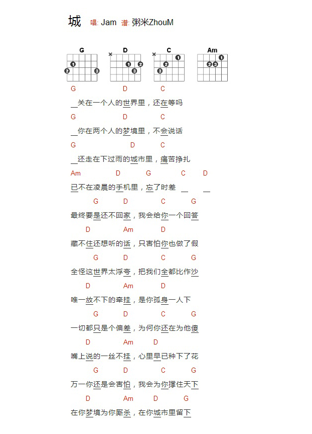 Jam《城》吉他谱_吉他弹唱谱_YYZJ编配第1张