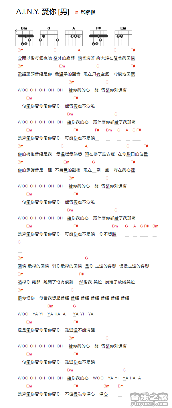 邓紫棋《A.I.N.Y. (爱你)》吉他谱_吉他弹唱谱_YYZJ编配第1张