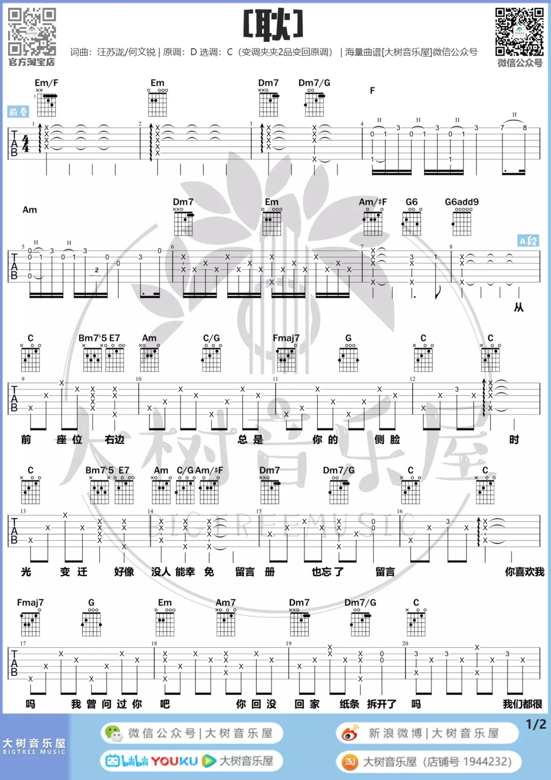汪苏泷《耿》吉他谱_吉他弹唱谱_大树音乐屋编配第2张